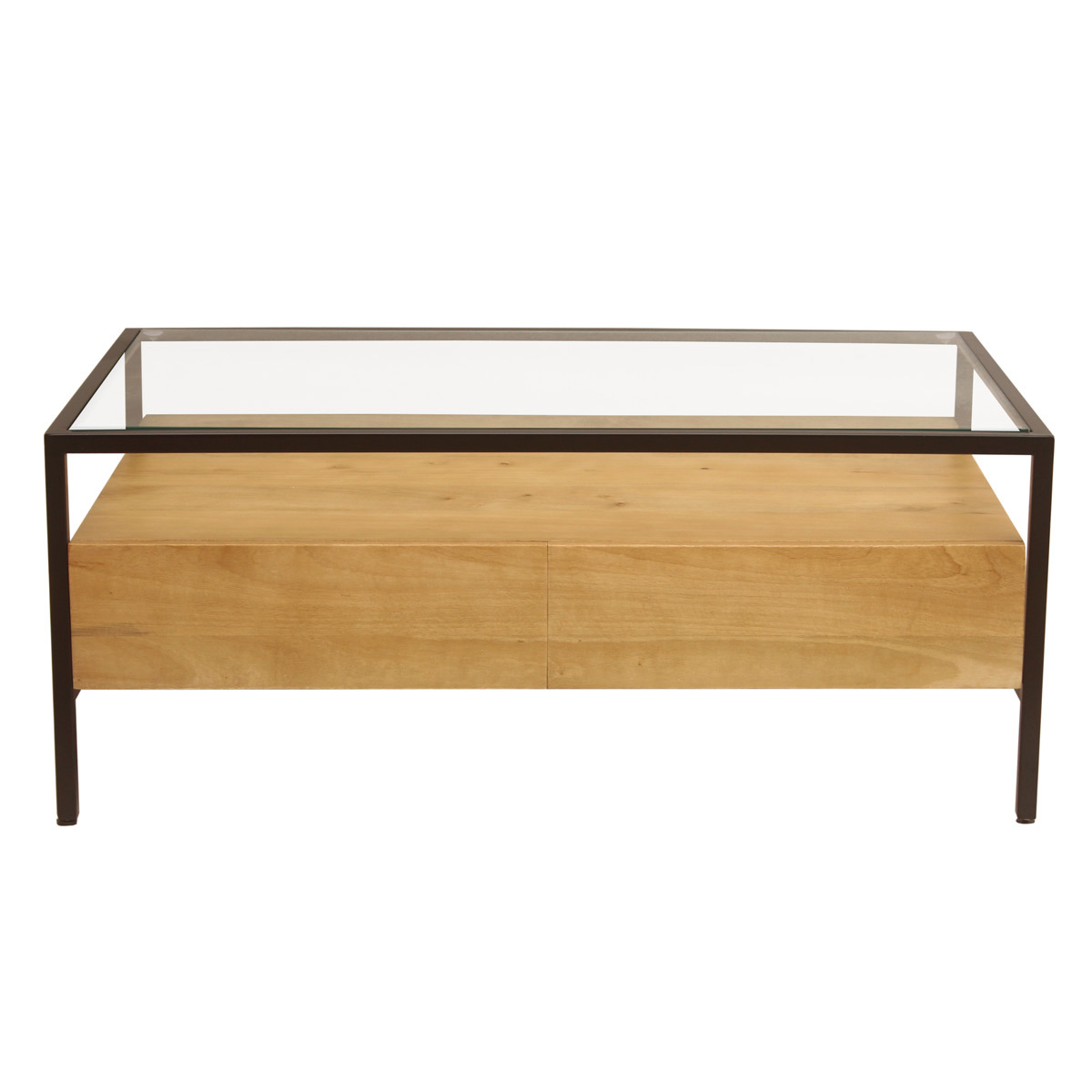 Mesa de centro rectangular con almacenaje de madera maciza de mango, cristal y metal negro 100 cm SITA