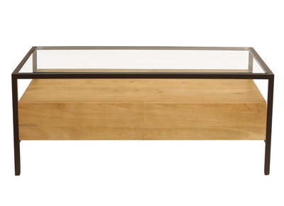 Mesa de centro rectangular con almacenaje de madera maciza de mango, cristal y metal negro 100 cm SITA