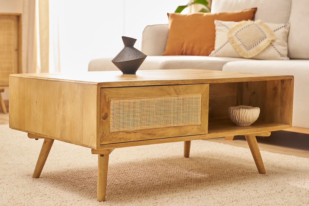 Mesa de centro rectangular con almacenaje de madera maciza de mango y caa de ratn 100 cm ACANGE