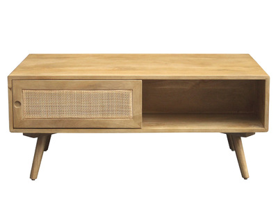 Mesa de centro rectangular con almacenaje de madera maciza de mango y caña de ratán 100 cm ACANGE