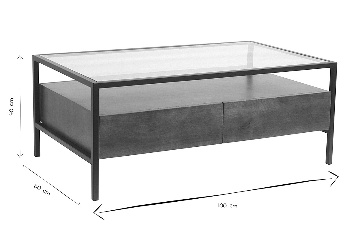 Dimensiones de la mesa de centro SITA: L100 cm, l60 cm, H40 cm, en negro y blanco.