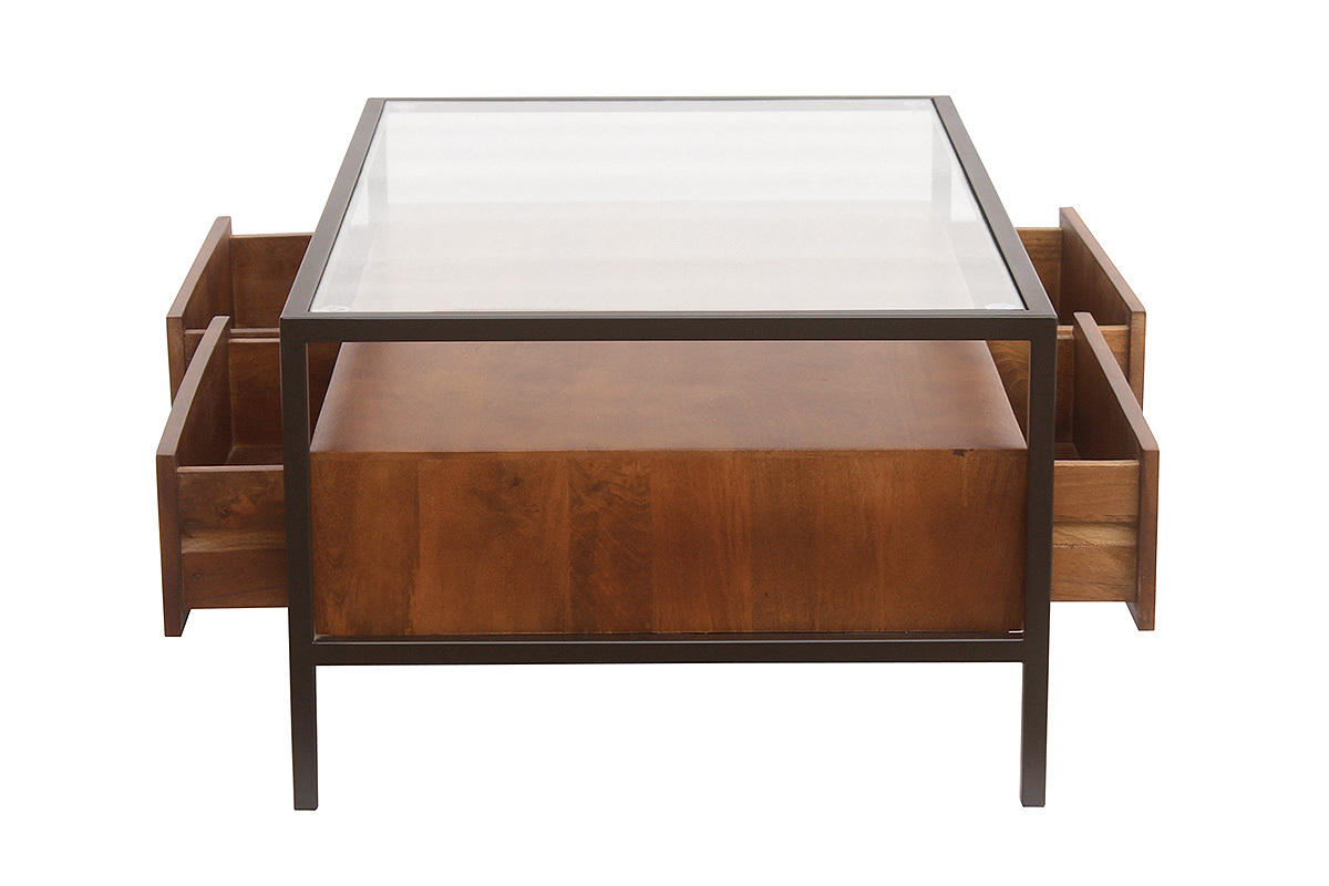 Mesa de centro rectangular SITA de madera de mango, metal negro, vidrio, vista de perfil con cajones abiertos.