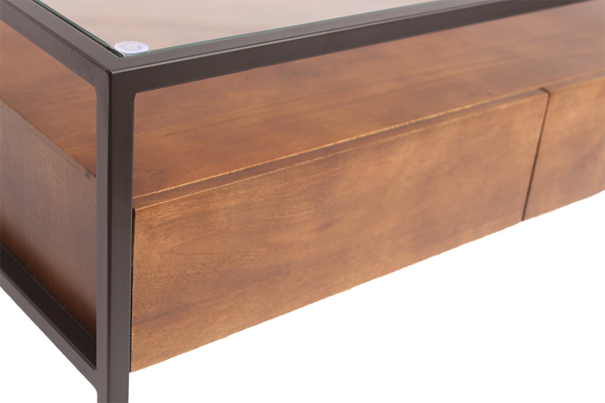 Mesa de centro rectangular SITA de madera maciza de mango con almacenaje, metal negro y vidrio, vista de cerca.