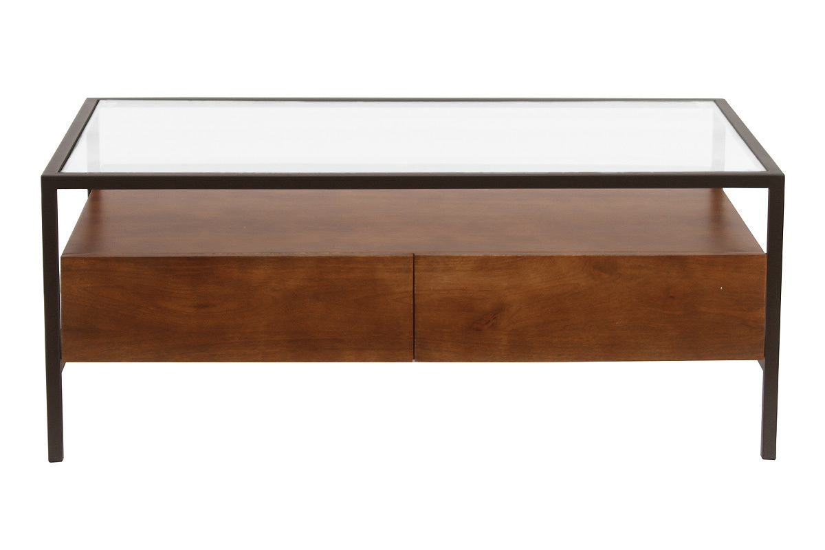 Mesa de centro rectangular con almacenaje en madera oscura, vidrio y metal negro, vista frontal.