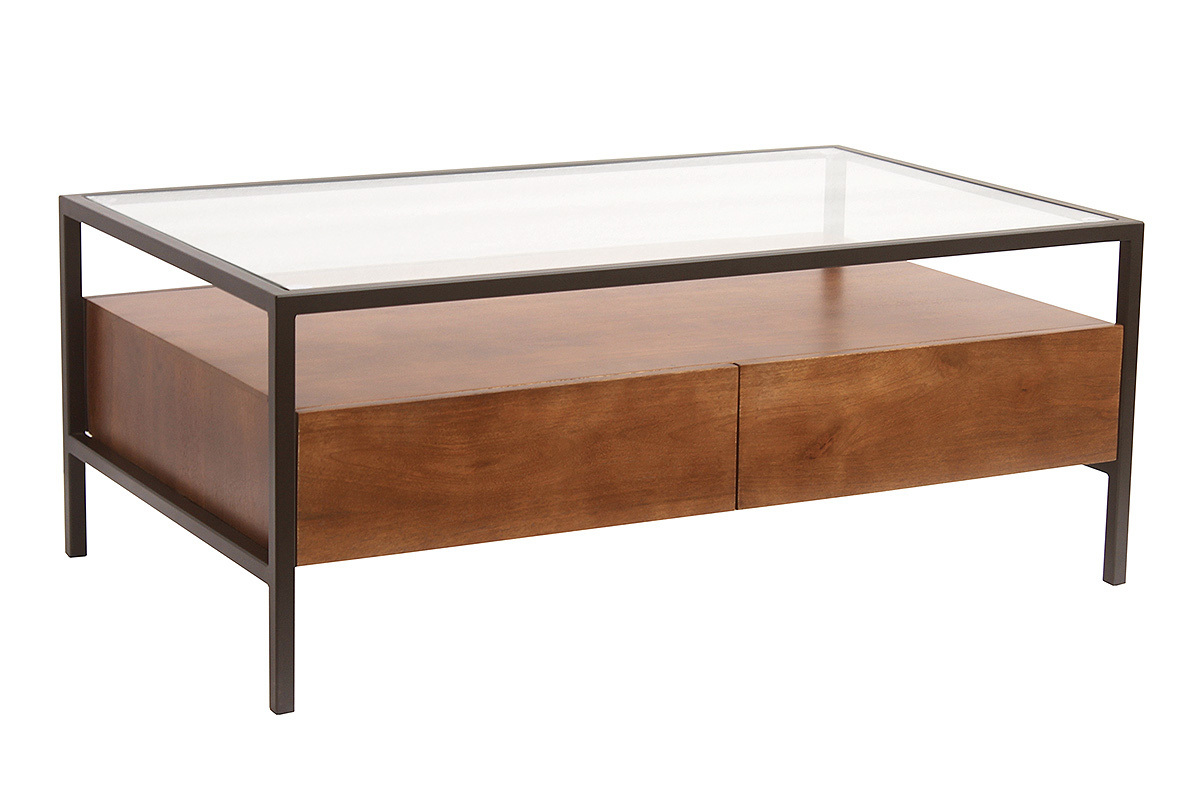 Mesa de centro rectangular de madera maciza de mango con cajones, tapa de vidrio, vista de 3/4