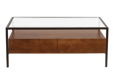 Mesa de centro rectangular con almacenaje en madera de mango maciza color oscuro, vidrio y metal negro L100 cm SITA