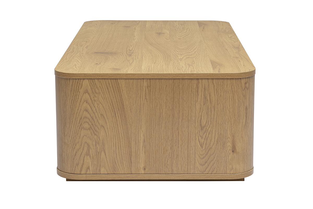 Mesa de centro rectangular NEGAN de madera clara de roble con 2 cajones, vista de perfil.