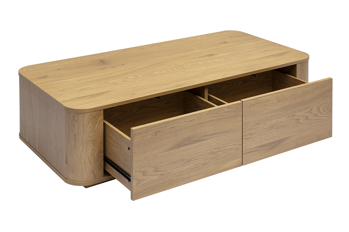 Mesa baja rectangular de madera clara de roble con 2 cajones abiertos, vista en 3/4