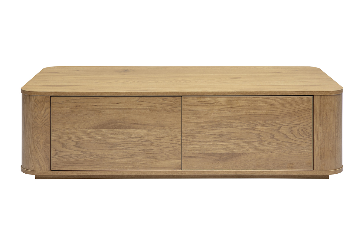 Mesa de centro rectangular de madera clara de roble con 2 cajones, vista frontal.