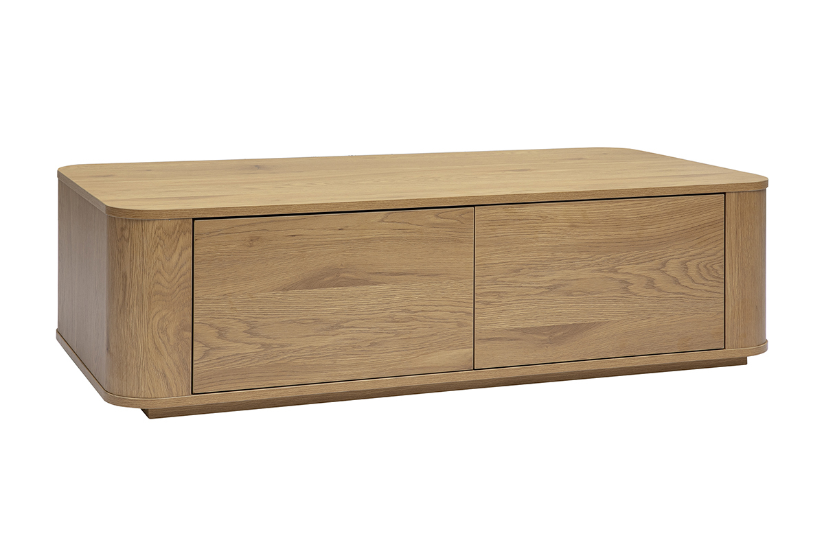 Mesa de centro rectangular de madera clara de roble con 2 cajones, vista en 3/4