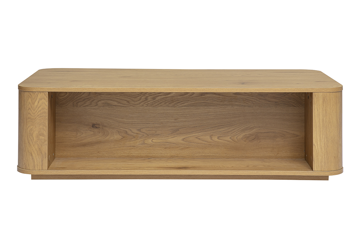 Mesa de centro rectangular con almacenaje, 2 cajones, acabado en madera clara de roble, vista trasera.