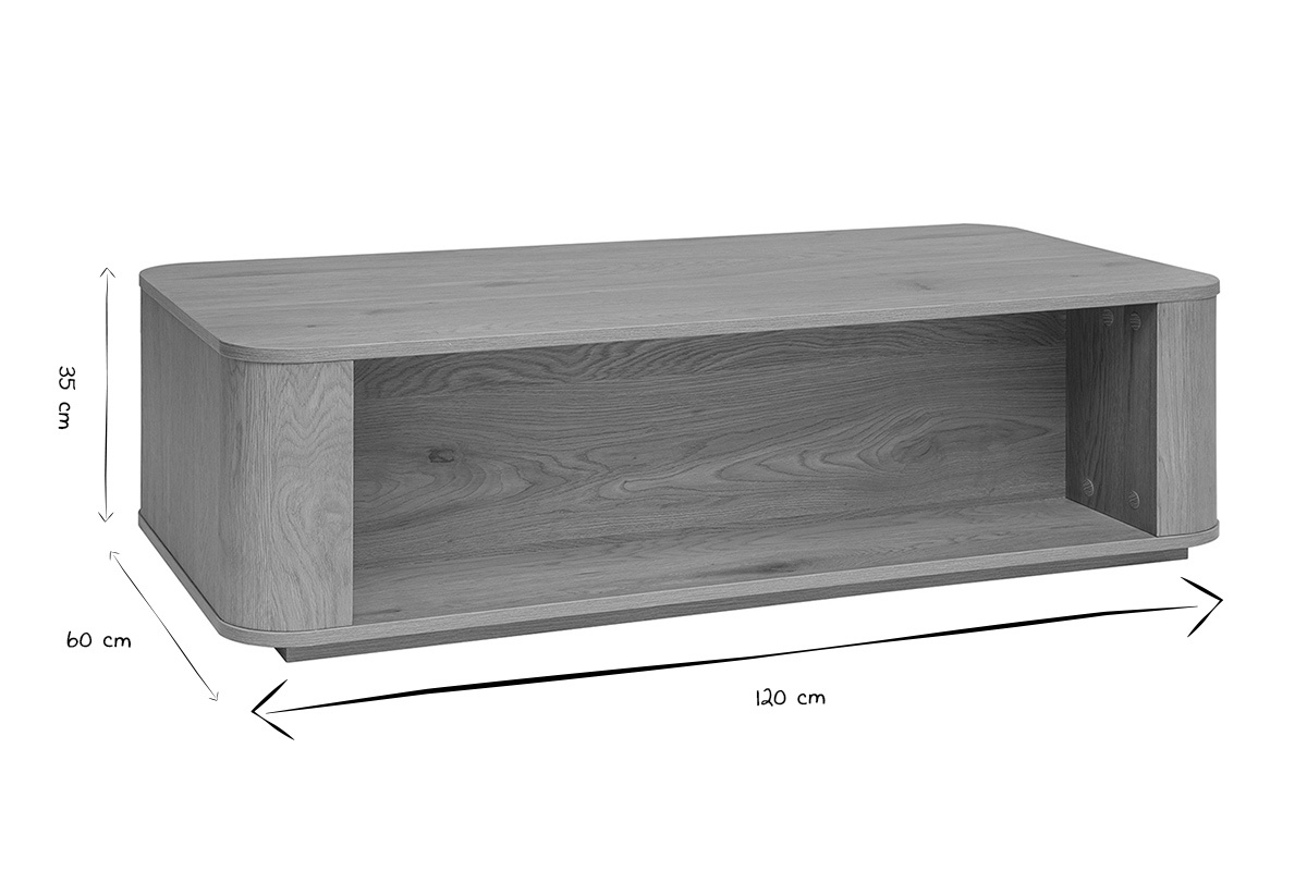 Mesa de centro rectangular con almacenamiento, dimensiones: L120 cm, l60 cm, h35 cm, en negro y blanco.