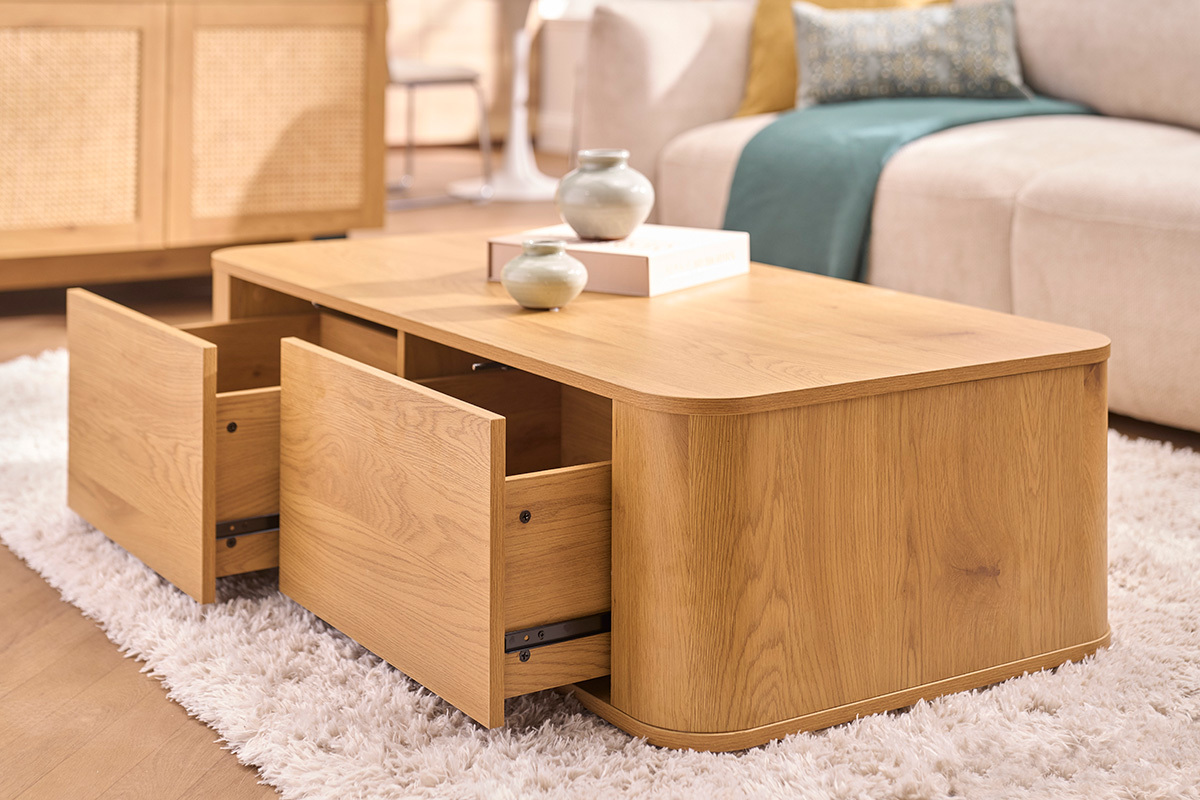 Mesa de centro rectangular con almacenamiento 2 cajones acabado madera clara roble L120 cm NEGAN
