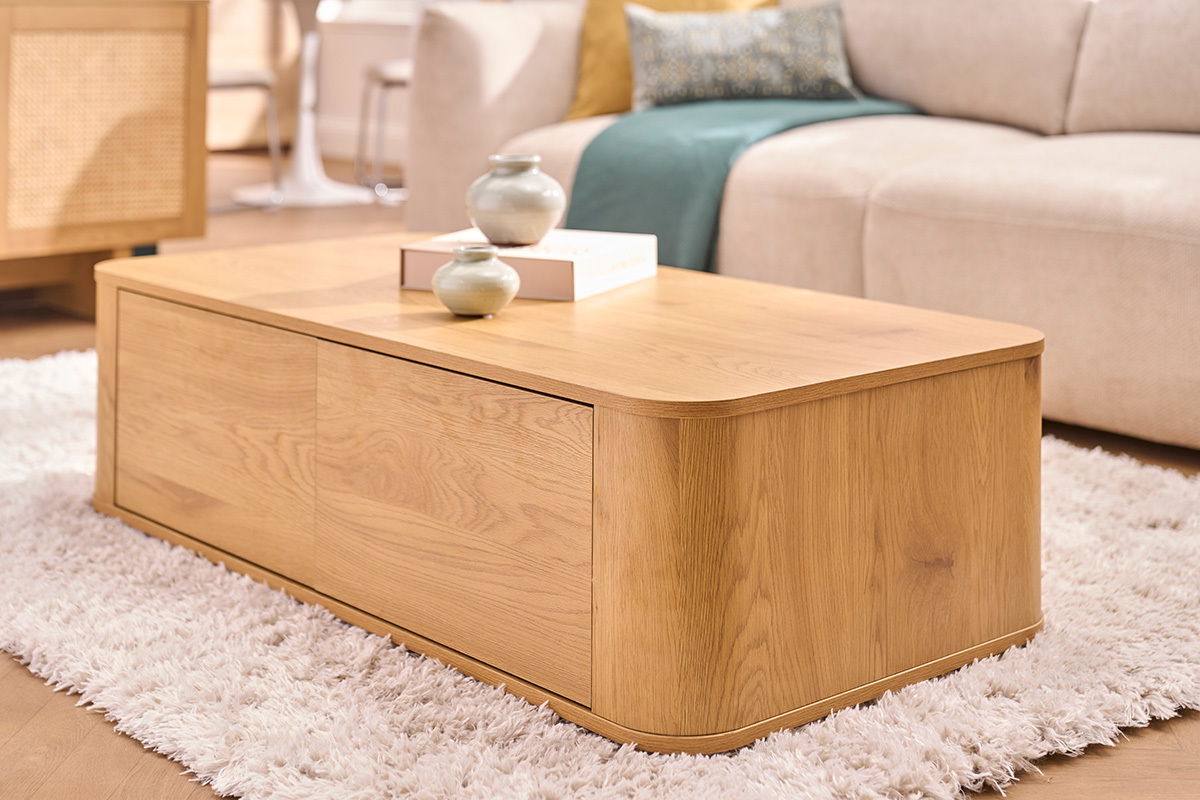 Mesa de centro rectangular con almacenamiento 2 cajones acabado madera clara roble L120 cm NEGAN