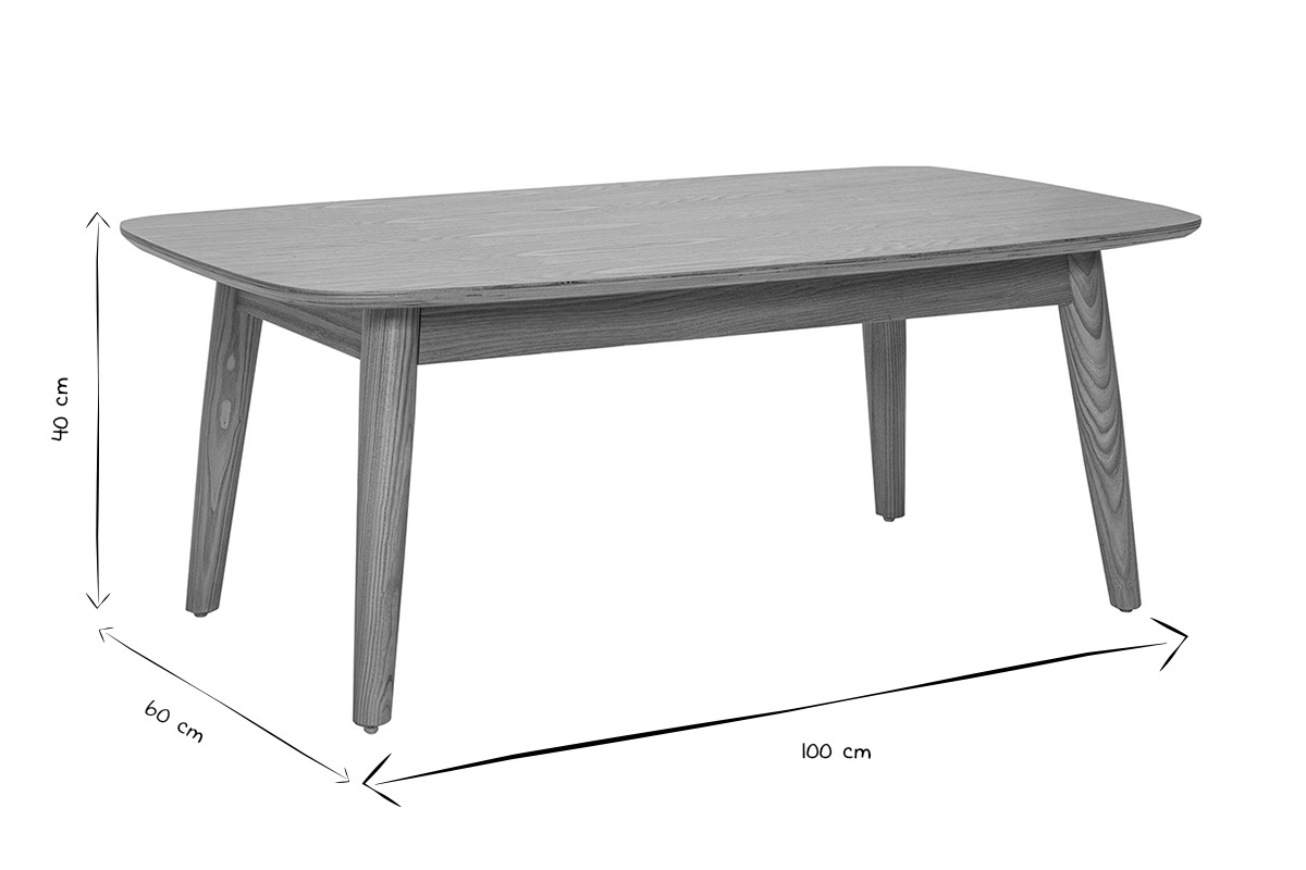 Mesa de centro rectangular de madera clara de fresno con dimensiones L100 x P60 x H40 cm en blanco y negro