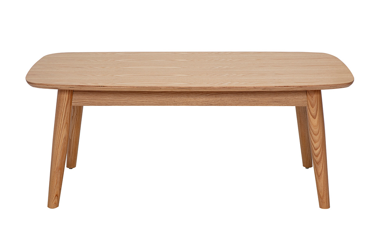 Mesa de centro rectangular de madera clara de fresno, vista frontal