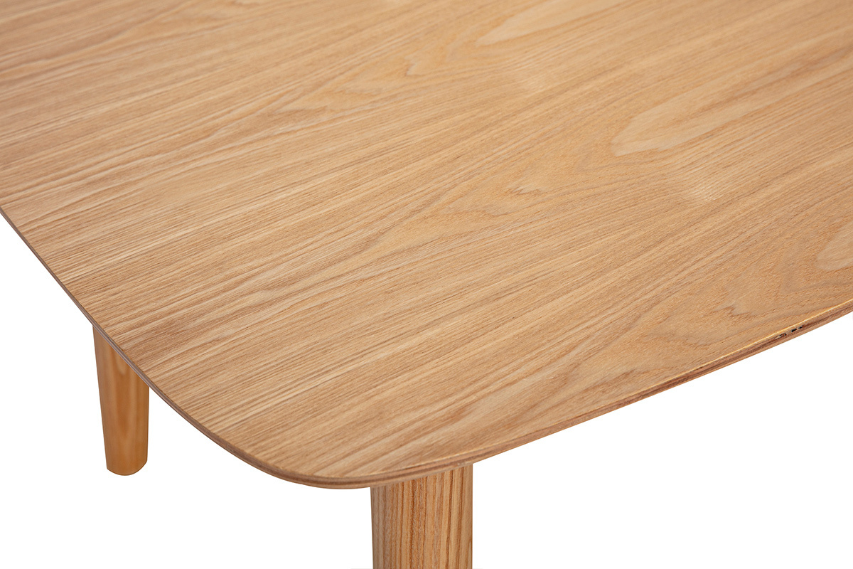 Mesa baja rectangular en chapa de fresno claro, vista superior con bordes redondeados.