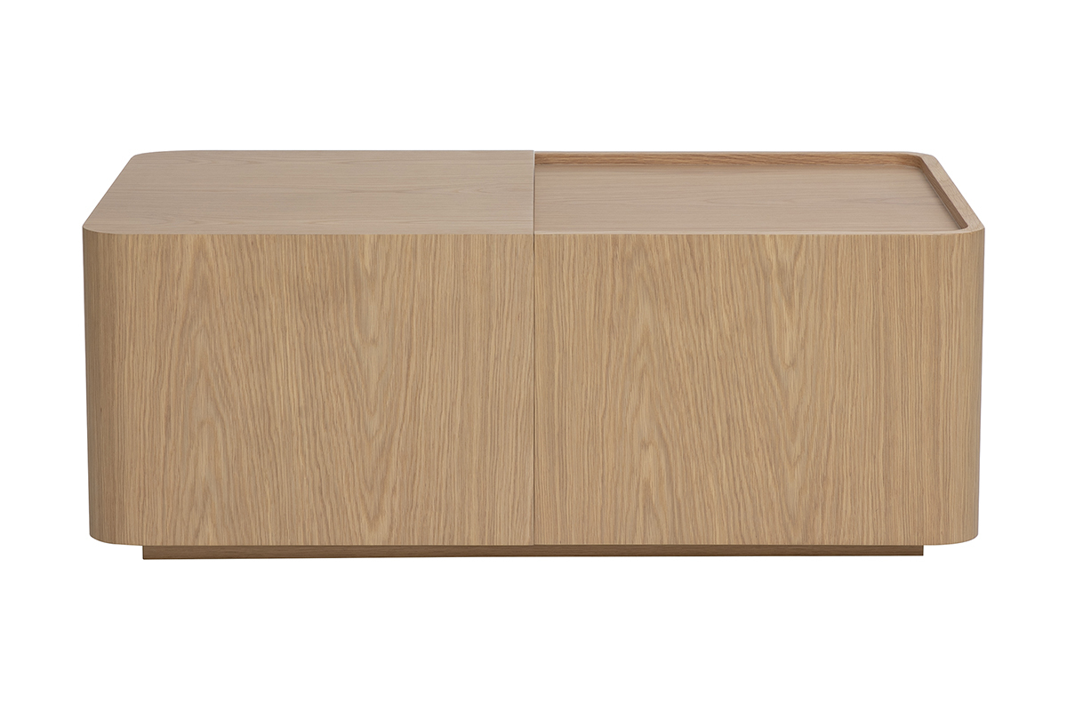 Mesa de centro de roble claro con almacenamiento, vista frontal, dimensiones L100 cm.