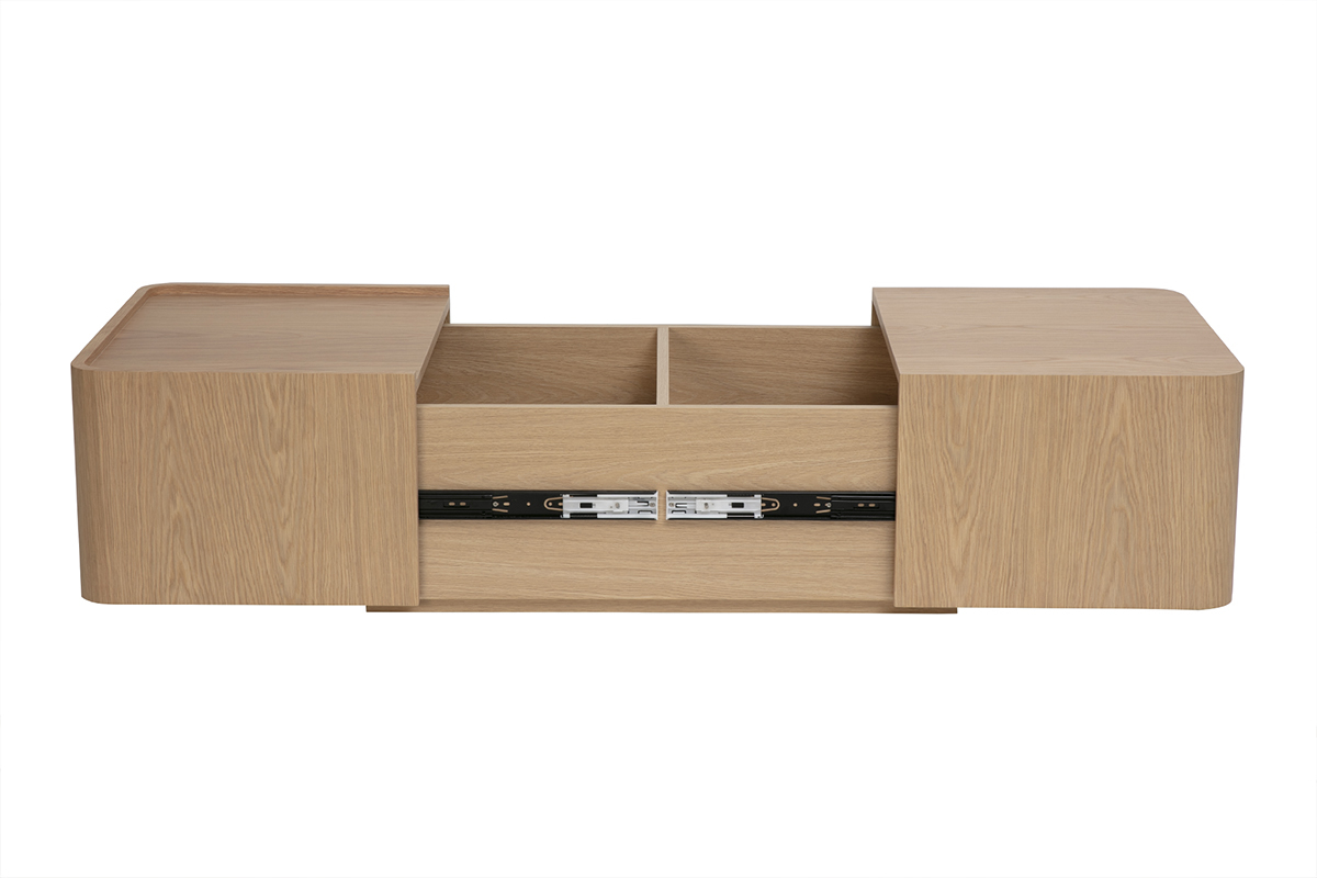 Mesa de centro rectangular de madera clara de roble, vista frontal con almacenamiento abierto