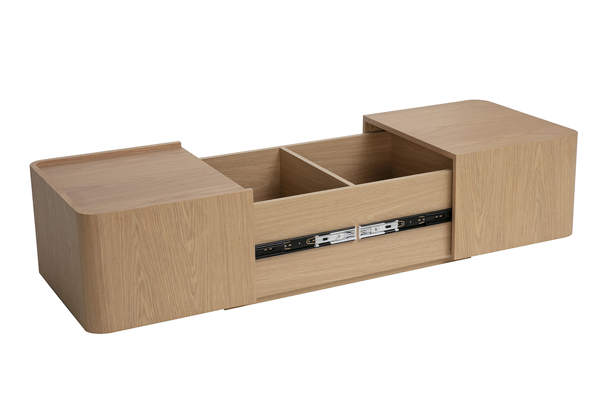 Mesa de centro rectangular de madera clara de roble con almacenamiento, vista de 3/4.