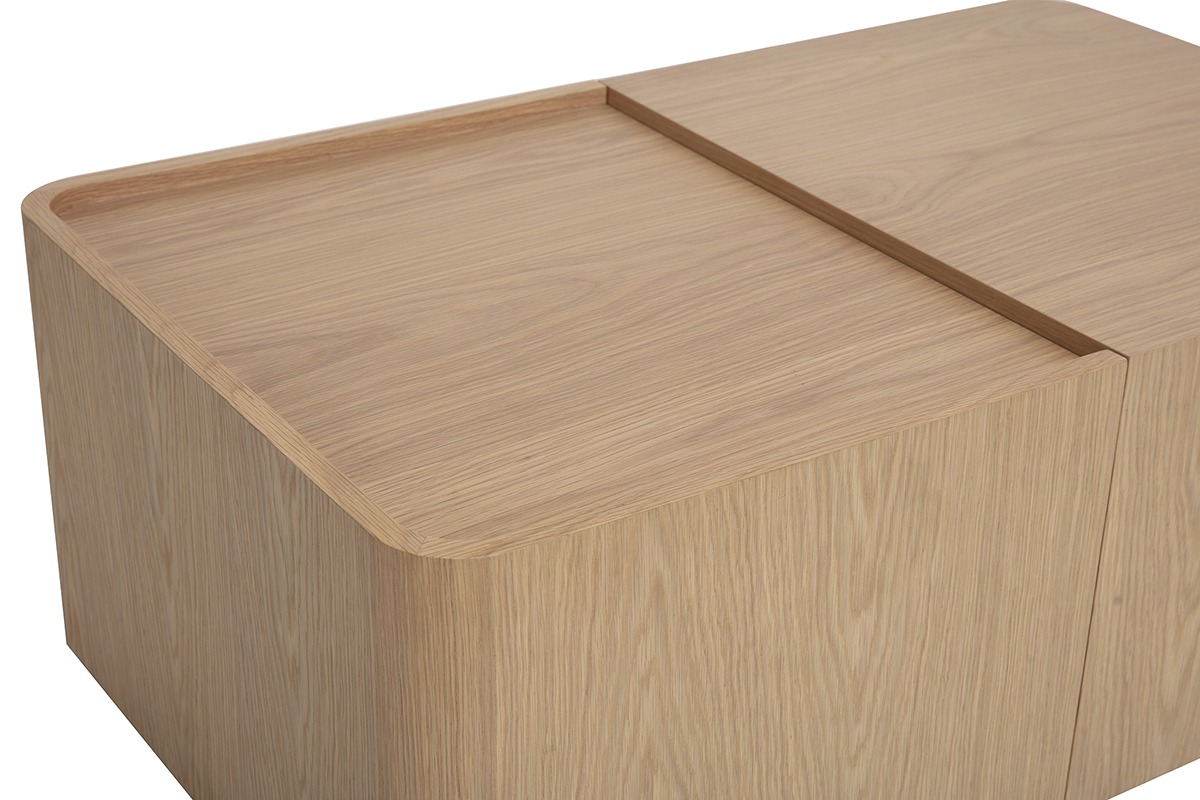 Mesa de centro rectangular de madera clara de roble con almacenamiento, vista desde arriba