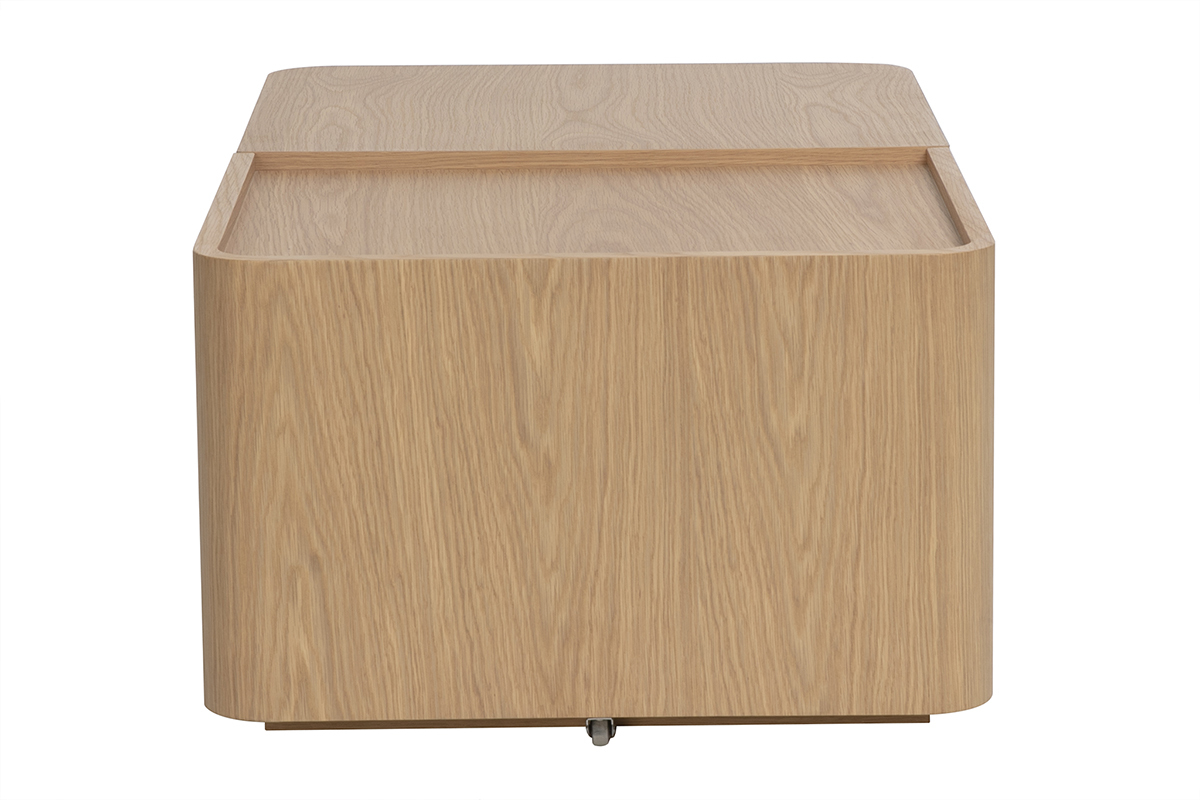 Mesa de centro rectangular de madera clara de roble, vista de perfil con la tapa abierta.