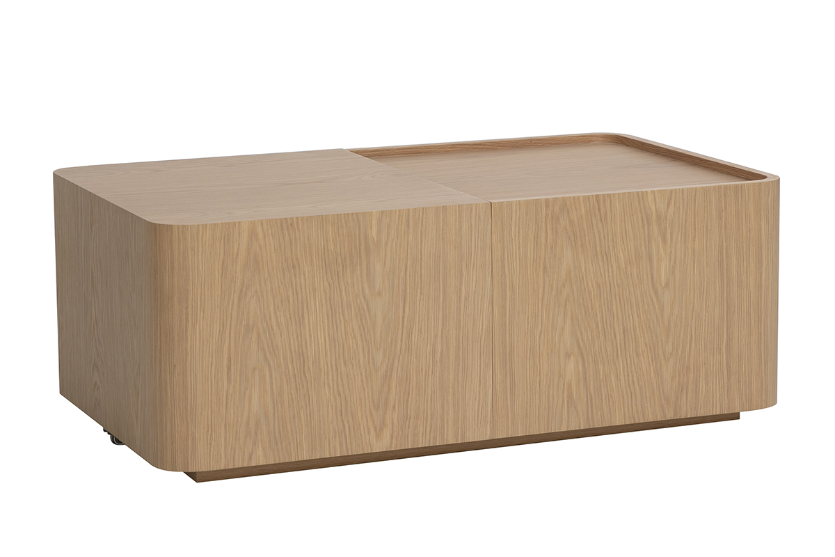 Mesa baja rectangular de madera clara de roble con almacenamiento, vista de 3/4