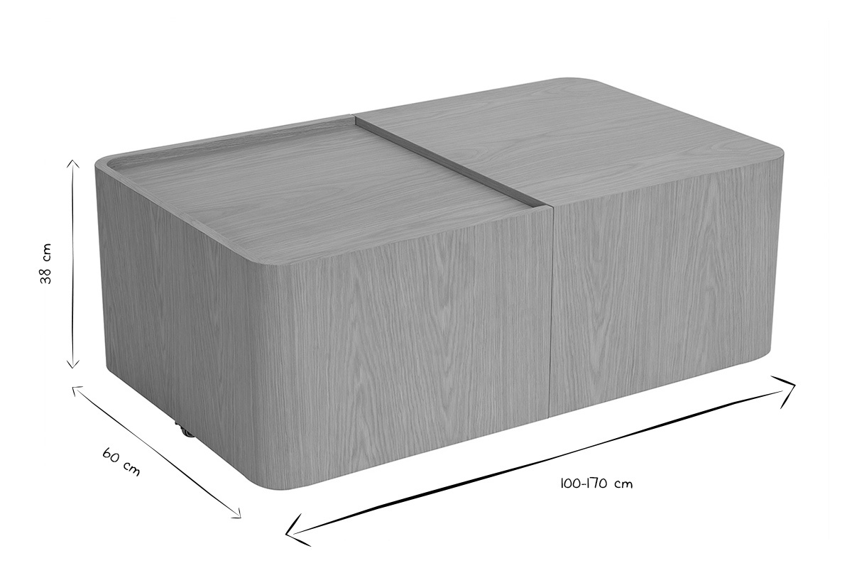 Dimensiones de la mesa baja BELLY en blanco y negro: L100-170 x P60 x H38 cm.
