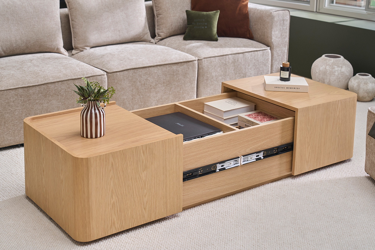 Mesa de centro rectangular de madera clara roble con almacenaje L100 cm BELLY