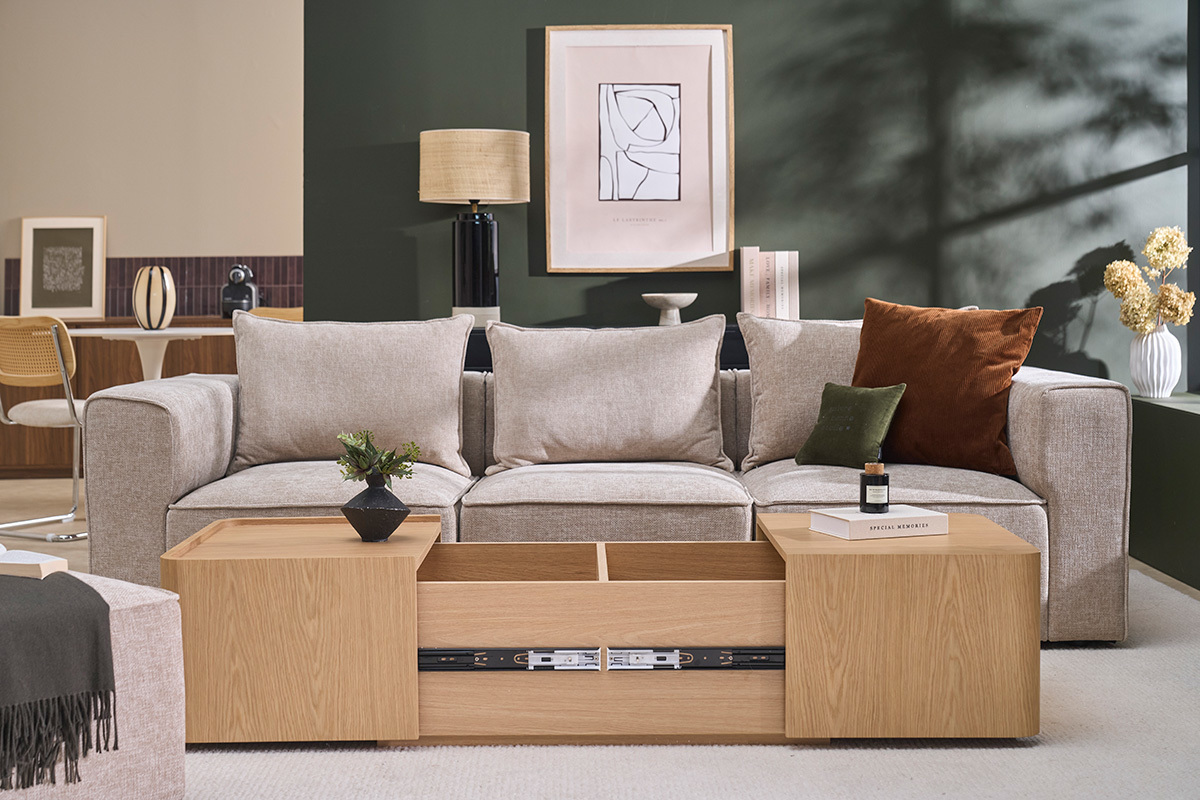 Mesa de centro rectangular de madera clara roble con almacenaje L100 cm BELLY