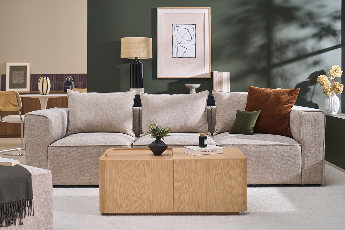 Mesa de centro rectangular de madera clara roble con almacenaje L100 cm BELLY