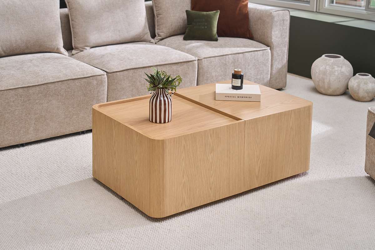 Mesa de centro rectangular de madera clara roble con almacenaje L100 cm BELLY