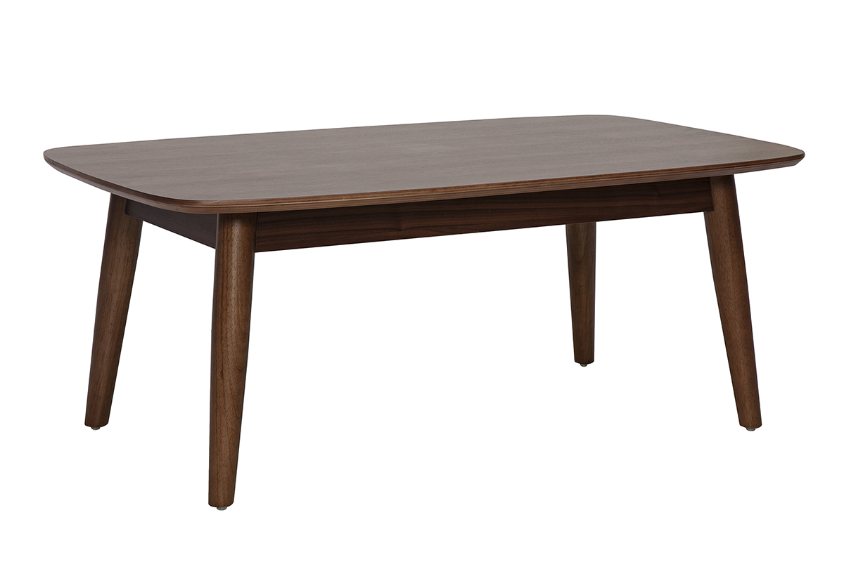 Mesa de centro rectangular de madera de nogal oscuro con esquinas redondeadas y patas c�nicas