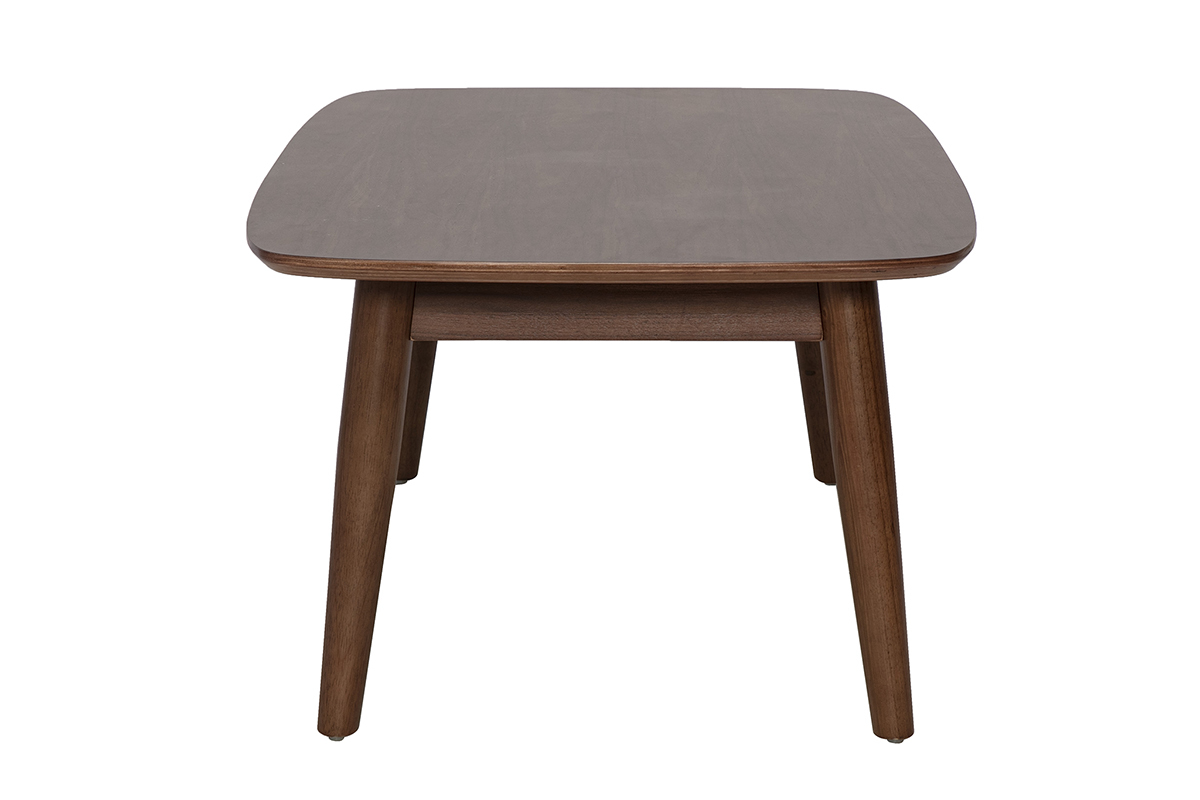 Mesa de centro rectangular de madera oscura nogal con patas c�nicas, vista de perfil