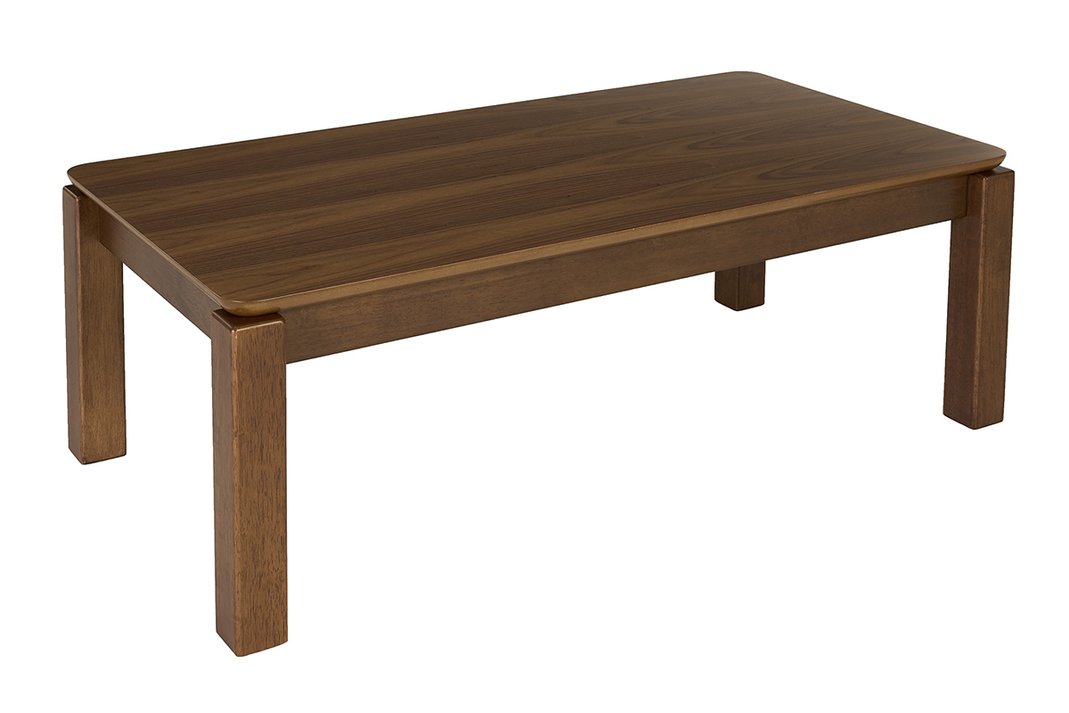 Mesa de centro rectangular de madera oscura nogal vista en 3/4, dimensiones L120 cm.