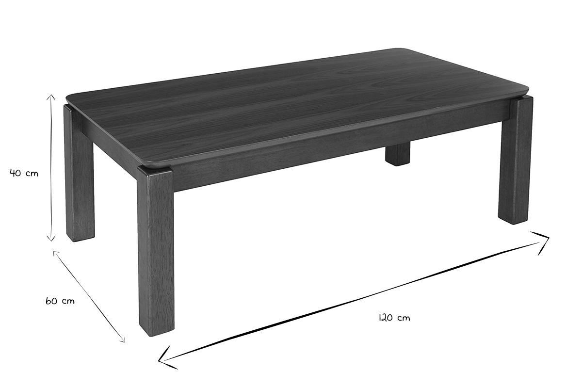 Mesa de centro rectangular RAYA en madera oscura nogal, dimensiones en negro y blanco: L120 cm, a60 cm, a40 cm.