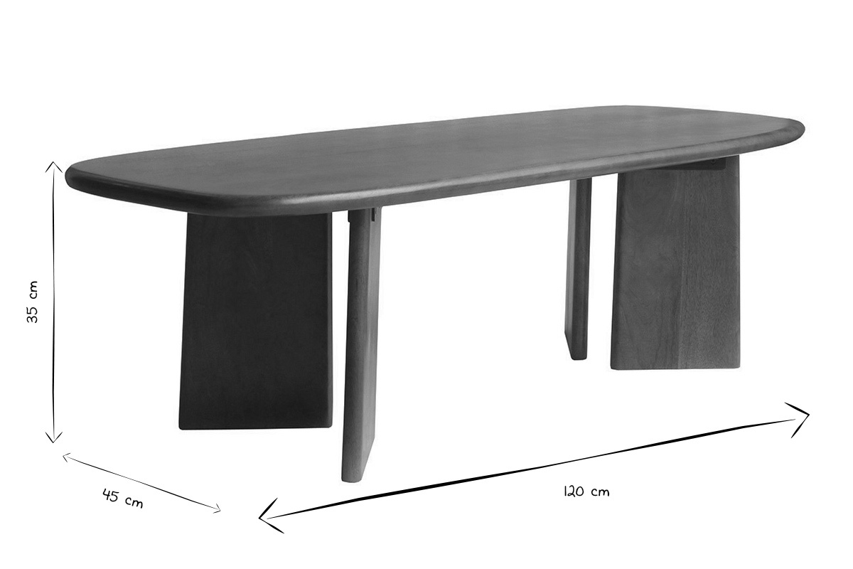 Dimensiones de la mesa de centro SOTA en negro y blanco, L120 x P45 x H35 cm, superficie redondeada.