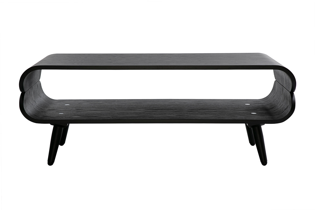 Mesa de centro rectangular escandinava de madera negra, vista frontal, con espacio de almacenamiento debajo.