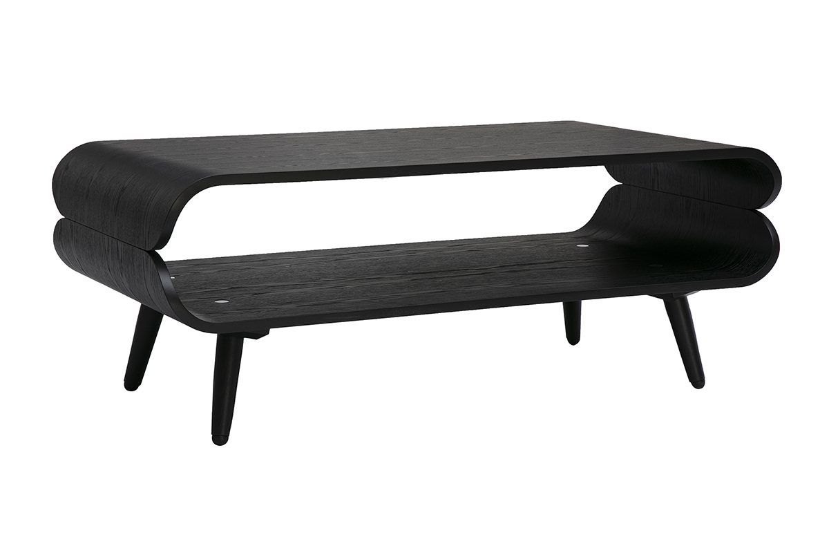 Mesa de centro rectangular escandinava de madera negra, vista en 3/4, con espacio de almacenamiento.