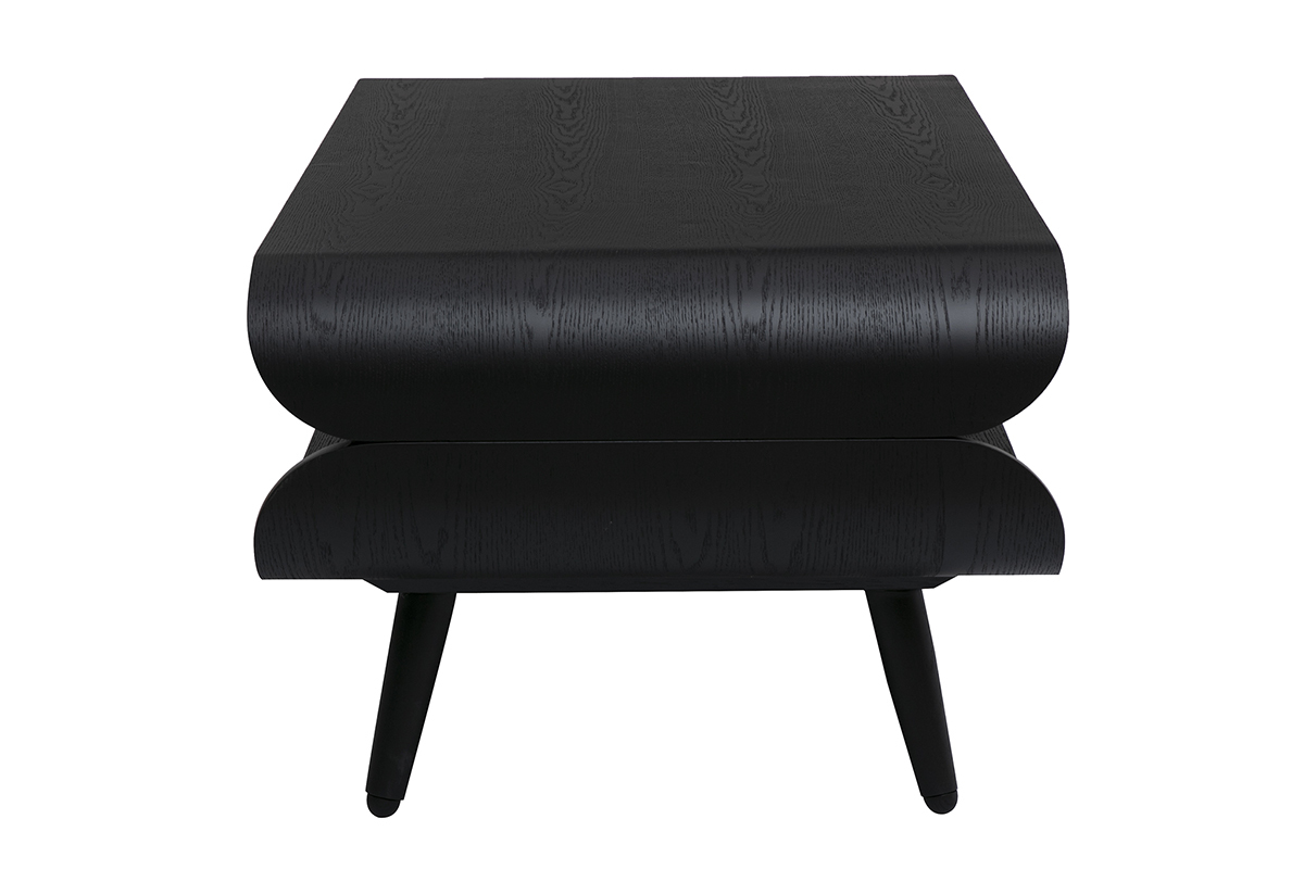 Mesa baja rectangular escandinava de madera negra con dise�o redondeado, vista de perfil