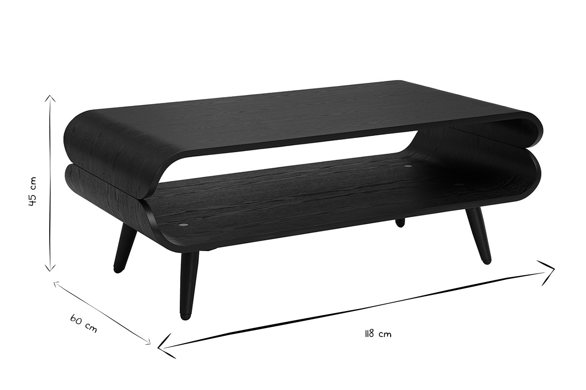 Dimensiones de la mesa de centro rectangular TAKLA en blanco y negro, L118 cm, A45 cm, P60 cm.