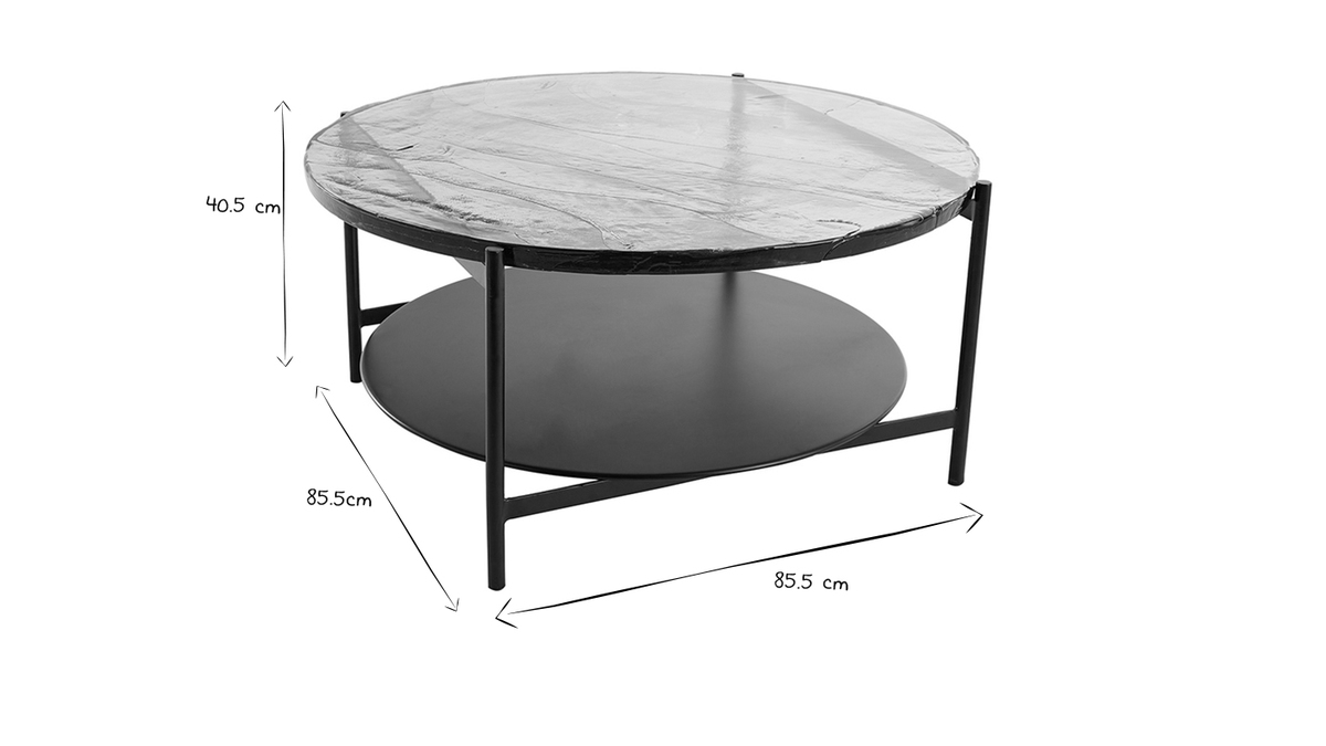 Mesa de centro redonda con doble tablero de cristal reciclado y metal negro 85 cm WELLE