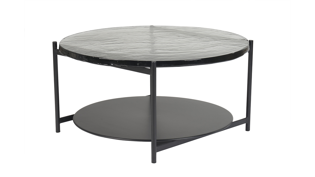 Mesa de centro redonda con doble tablero de cristal reciclado y metal negro 85 cm WELLE