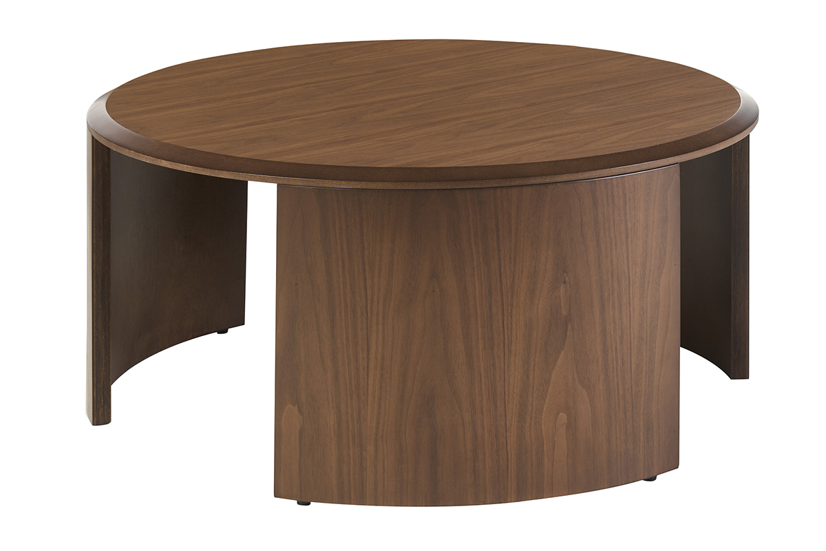 Mesa de centro redonda de madera oscura nogal, dise�o moderno, vista trasera.