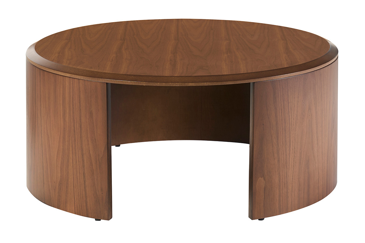Mesa de centro redonda de madera de nogal oscuro, vista frontal, di�metro 80 cm, altura 35 cm.
