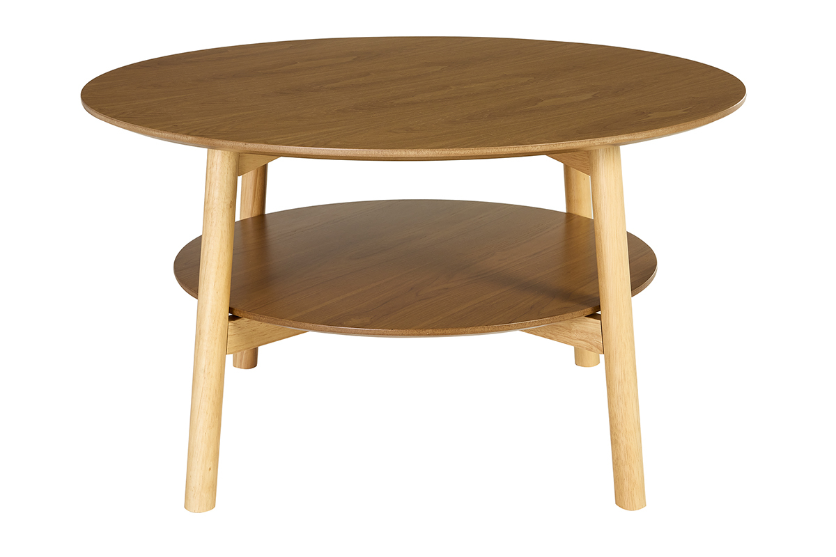 Mesa baja redonda de madera clara con doble encimera y patas de hevea, vista en �ngulo.