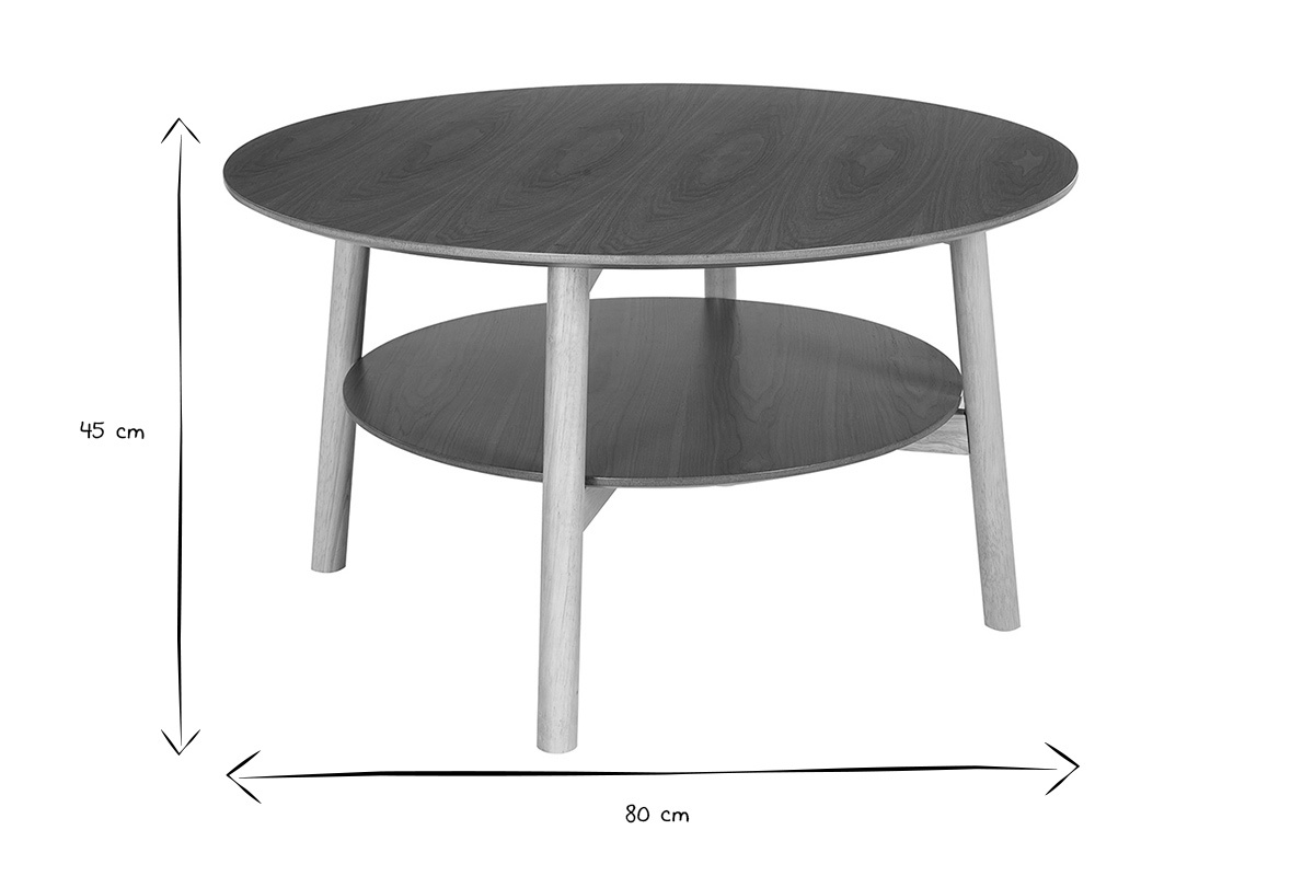 Dimensiones de la mesa de centro redonda MALVA, di�metro 80 cm, altura 45 cm, en negro y blanco.