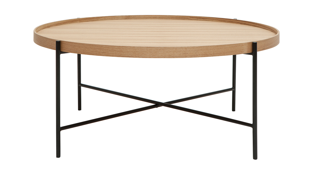 Mesa de centro redonda de madera clara y metal negro 90 cm BASSY