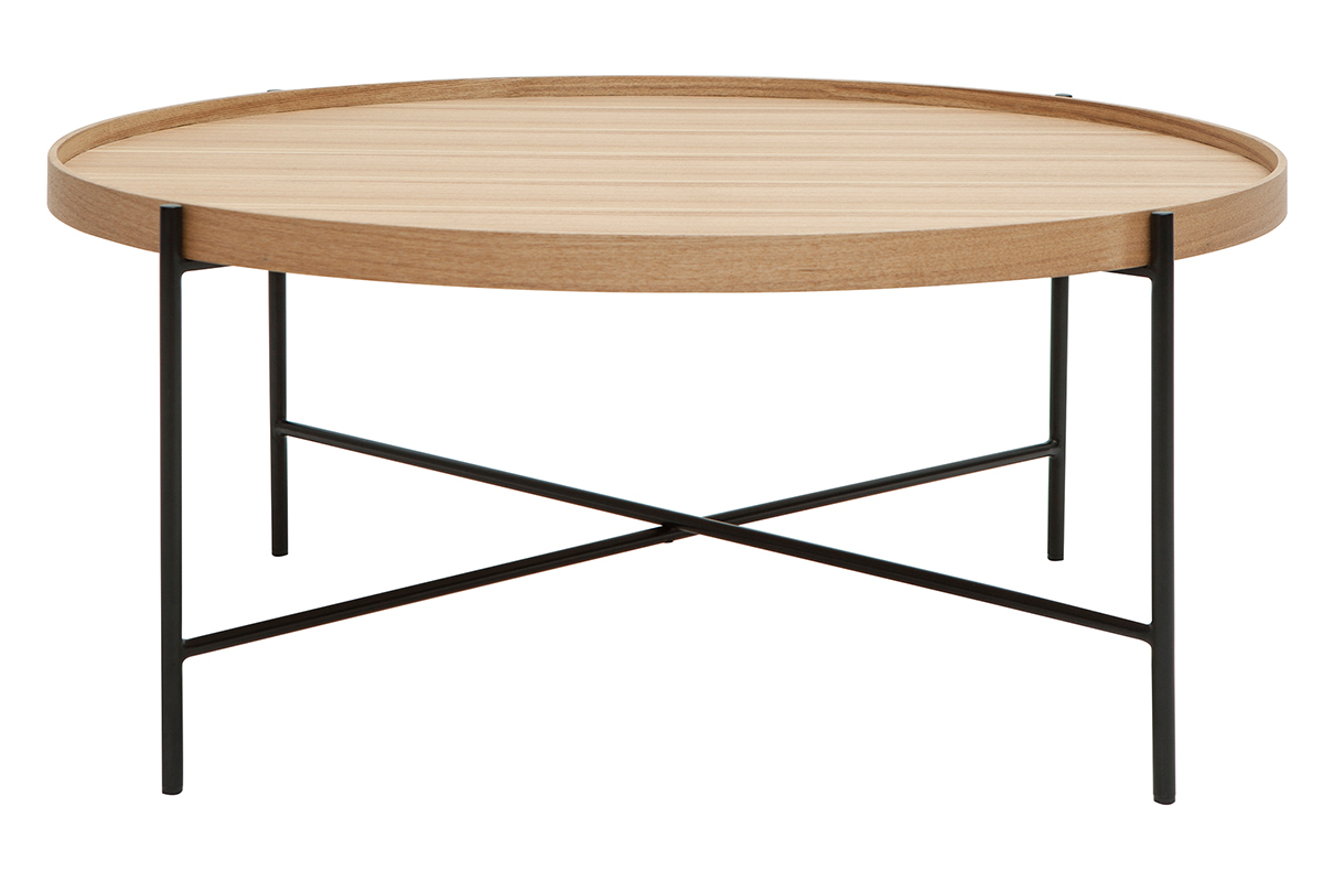 Mesa de centro redonda de madera clara y metal negro 90 cm BASSY