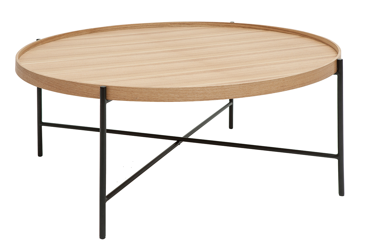 Mesa de centro redonda de madera clara y metal negro 90 cm BASSY